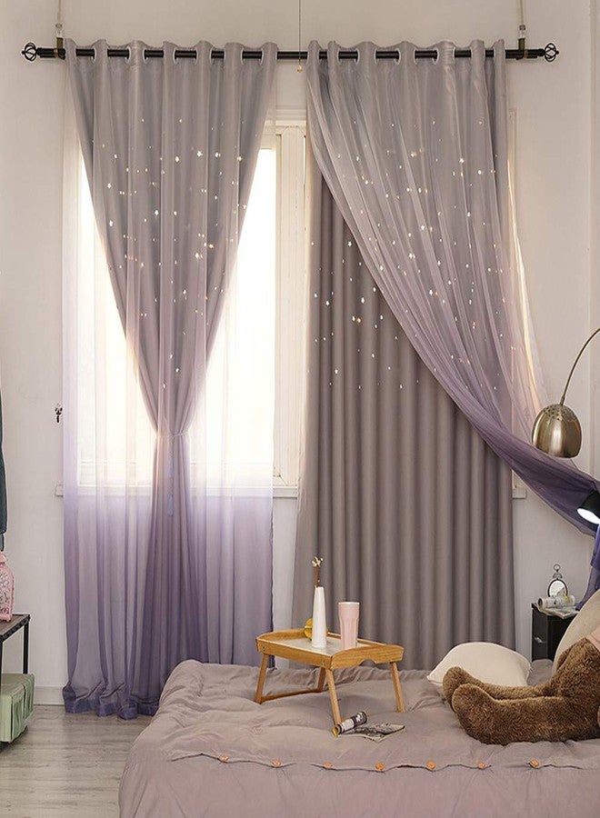 ABREEZE Kids Star Blackout Curtains - Gradient Tulle Overlay Double Layer Sparkle Star Cut Out Curtains (1 Panel, 59 x 63 inch, Grey) - Image 1